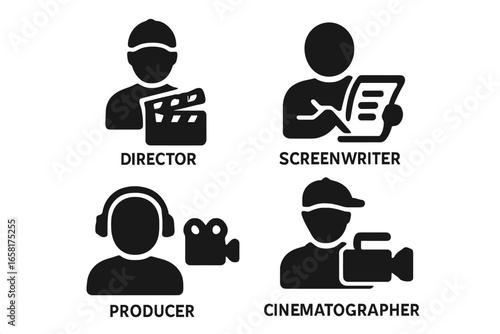 Filmmaker crew roles solid icon set. Director, producer, screenwriter, cinematographer pictograms. Movie making, cinema industry, and video production job & profession symbols.