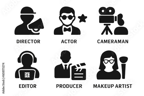 Film production crew icon set. Movie staff roles solid glyph icons. Director, actor, cameraman, editor, producer, makeup artist symbols. Cinema industry professions vector.