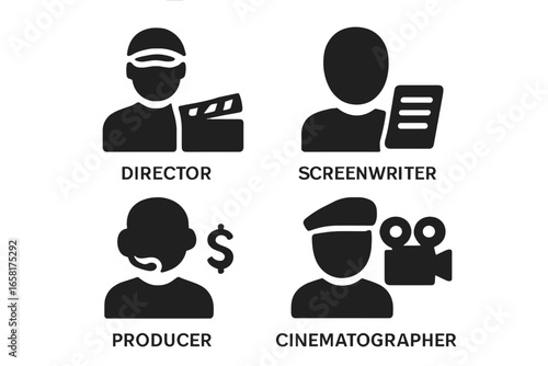 Filmmaker roles icon set. Solid glyph vector illustration of film crew professions. Director, screenwriter, producer, cinematographer symbols for movie and cinema industry.
