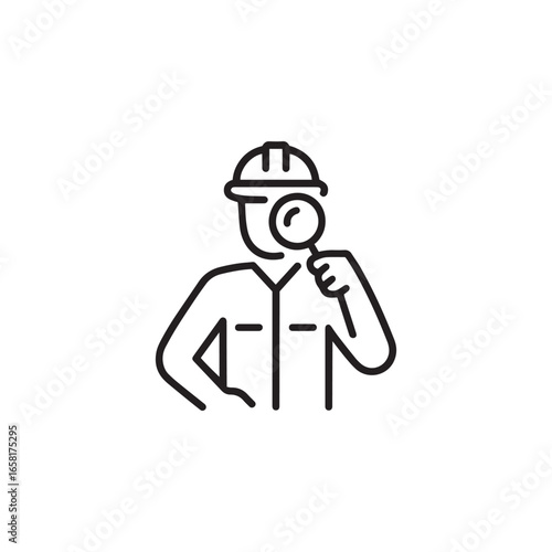 Inspector icon with worker helmet and magnifying glass