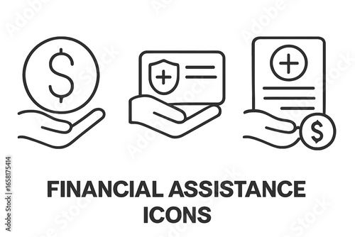 Financial assistance icon set. Health insurance coverage, medical care cost and hospital bill payment concept. Healthcare subsidy, medicine expense, clinic aid and charity icons.