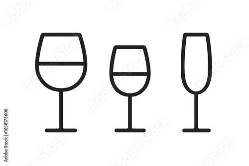 Wine glass icon set for fine dining. Red and white wine glasses with a champagne flute. Simple outline vector illustration for a restaurant menu, bar, or beverage concept.
