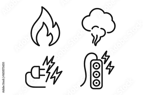 Fire hazard and electrical safety outline icon set. Vector collection of fire, flame, smoke, short circuit, and overloaded power strip symbols. Danger and warning signs.