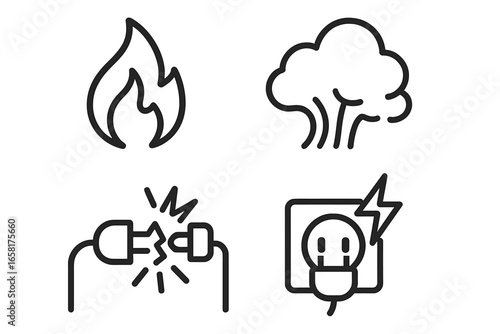 Fire and electrical hazard icons set. Outline vector symbols for safety warnings. Flame, smoke, short circuit, and overloaded socket illustrations for danger concepts.