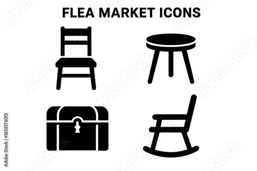 Flea market furniture icon set. Solid filled icons of vintage finds, wooden chair, side table, old trunk, rocking chair. Retro second hand store symbols. Antique vector.