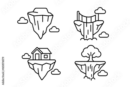 Floating island outline icon set. Fantasy landscape concept with levitating rock, waterfall, bridge, tree and house in the sky. Vector illustration for ecology or dream themes.