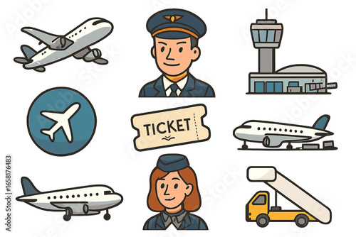Air travel icon set with airplane, pilot, airport tower, and ticket. Cartoon vector illustration collection for aviation, tourism, and flight concepts. Isolated graphic elements.