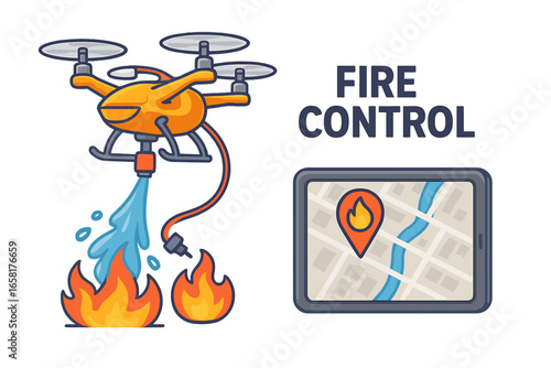 Firefighting drone with water delivery system for fire control. Innovative technology concept for emergency rescue. Remote quadcopter extinguishes flame. Tablet with interactive map.