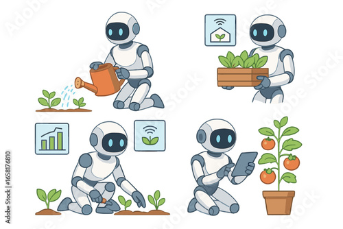 Robot gardener character set. Modern android farming. Smart agriculture technology. Automation in gardening, planting, watering, harvesting. Future innovation vector illustration.