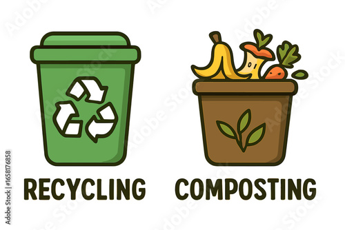 Recycling and composting bin vector icons. Waste sorting, garbage separation for a sustainable, eco-friendly lifestyle. Organic food scraps container. Zero waste cartoon concept.