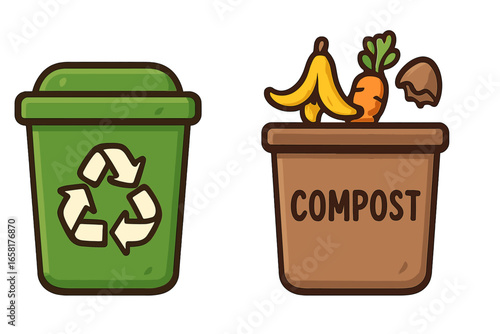 Recycling and composting bin icons. Sustainable, eco-friendly lifestyle concept. Organic waste sorting for compost. Zero waste and environmental conservation cartoon vector set.