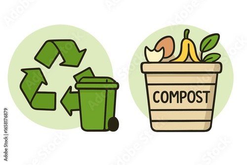Recycling and composting icons for sustainable living. Waste sorting, management. Green recycle bin, compost bucket with food scraps. Zero waste, eco-friendly lifestyle vector set.