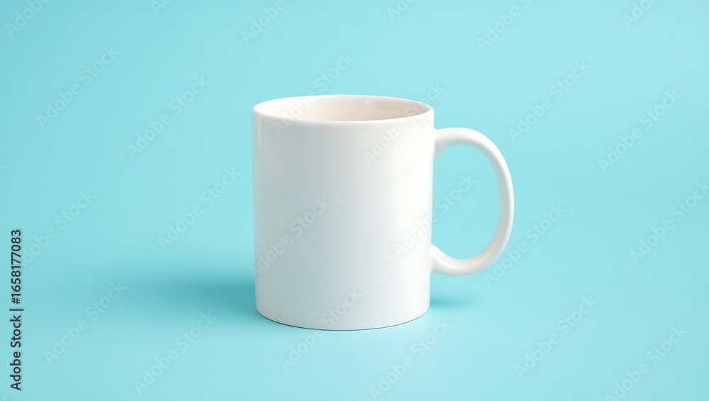 Fototapeta premium Clean white coffee mug with subtle pink interior against a soft blue backdrop