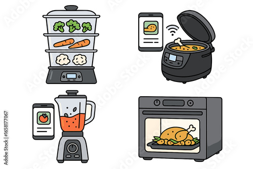 Smart kitchen appliance set for modern cooking. Vector icon collection of IoT devices. Steamer, multi cooker, blender, oven for home meal prep. Healthy food cartoon illustration.