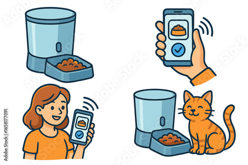 Smart pet feeder icon set. Automatic cat food dispenser with timer and app control. Pet care technology, remote feeding management via smartphone. Animal IOT device vector cartoon.
