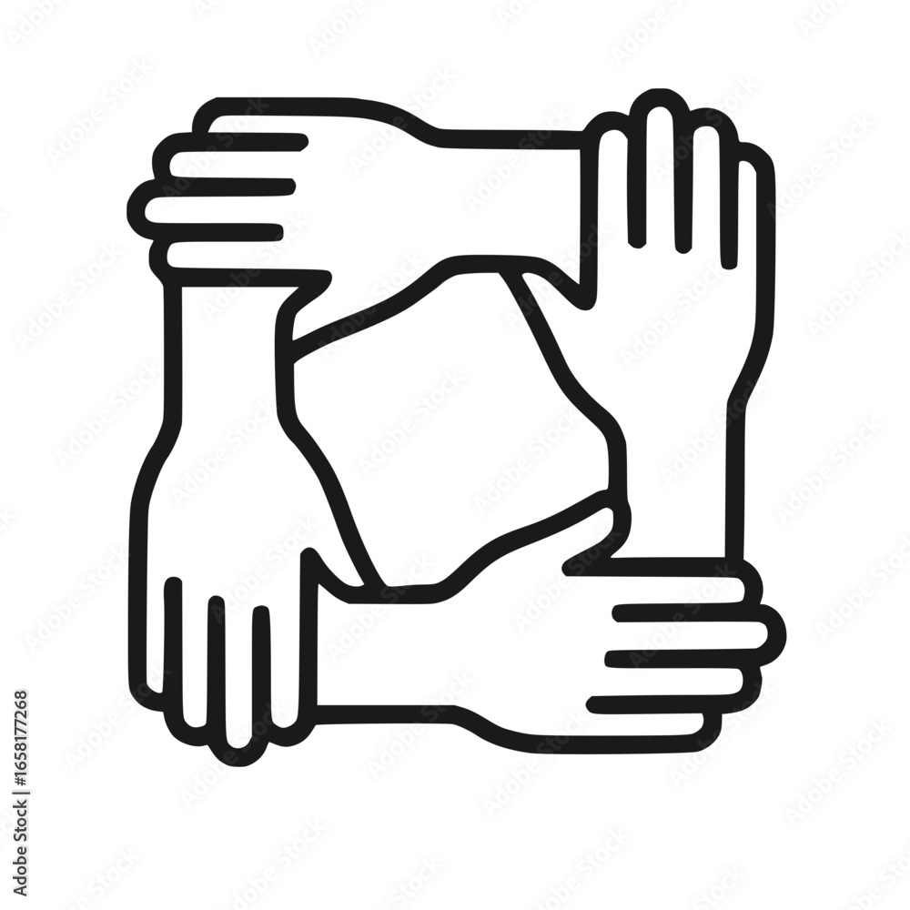 Obraz premium Teamwork and unity concept: Four hands forming a circle, representing collaboration and support
