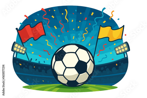 Soccer ball on stadium field grass. Football match celebration with confetti and flags. Championship final event concept. Arena with lights. Vector cartoon sport illustration.