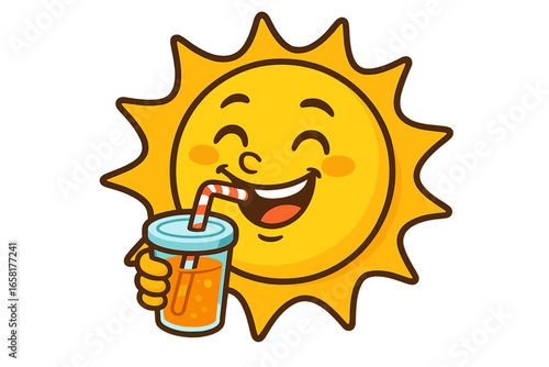 Happy sun character drinking juice. Summer fun concept. Cheerful yellow sun mascot smiling with a refreshing drink. Cartoon vector illustration for holiday, vacation, and heat.