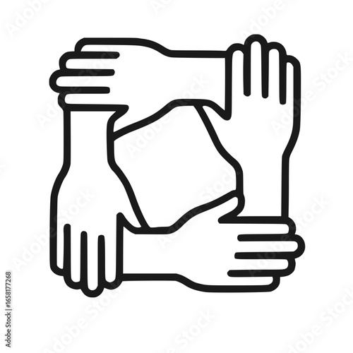 Teamwork and unity concept: Four hands forming a circle, representing collaboration and support