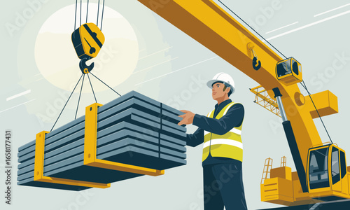 Construction worker overseeing crane lifting heavy materials on a building site with safety gear and hard hat offering a professional industry view