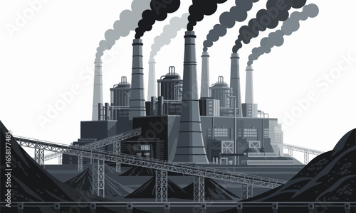 Industrial Complex with Smokestacks Emitting Pollution and Conveyor Belts, Depicting Environmental Concerns and Heavy Industry