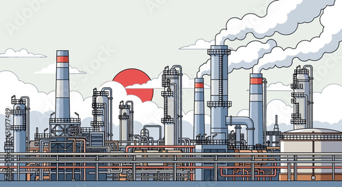 Industrial complex illustration with smoke stacks and a red sun, displaying a detailed oil refinery landscape against a pale sky background