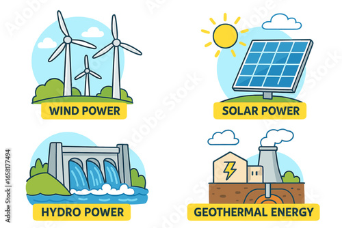 Renewable energy sources vector icon set with wind, solar, hydro, and geothermal power. Green energy concept illustrations for infographics. Sustainable electricity production.
