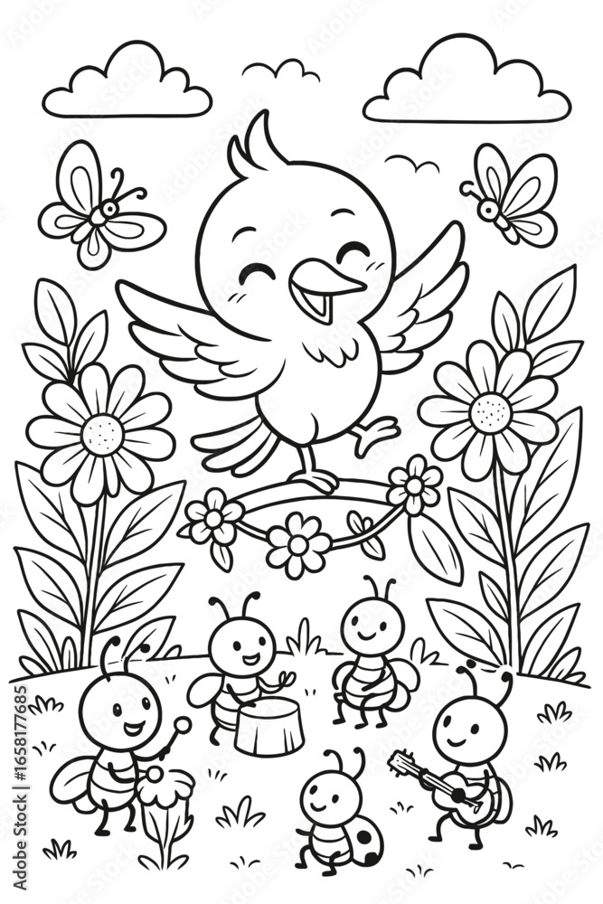 Fototapeta premium Joyful bird with butterflies and musical bugs in a garden illustration