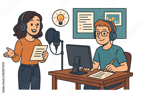 Voice acting and podcast recording. Voice artist at microphone and sound director editing script. Creative collaboration and teamwork in a digital studio. Audio production concept.