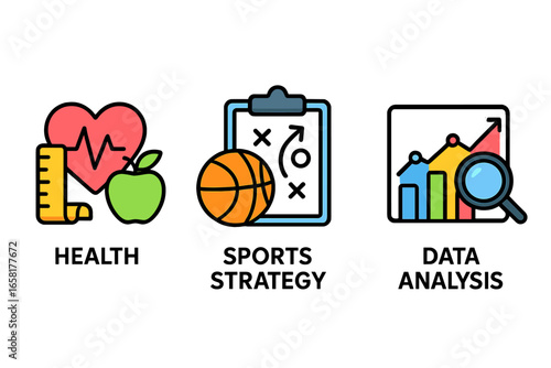 Health and fitness icon with apple and heart cardiogram. Sports strategy with basketball game plan. Data analysis chart with magnifier. Vector infographic elements collection.