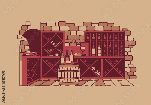 Wine bottles stored on racks and on a barrel in a cellar built with bricks