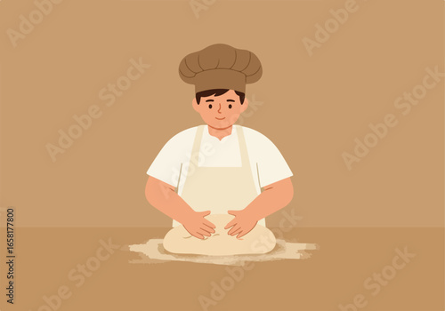 Flat Illustration Baker Kneading Dough on Counter, Brown Backdrop for Website