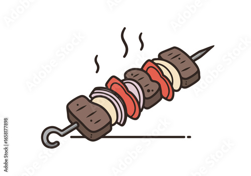 Grilled kebab skewer with smoke & fresh veggies icon on white, for menu art