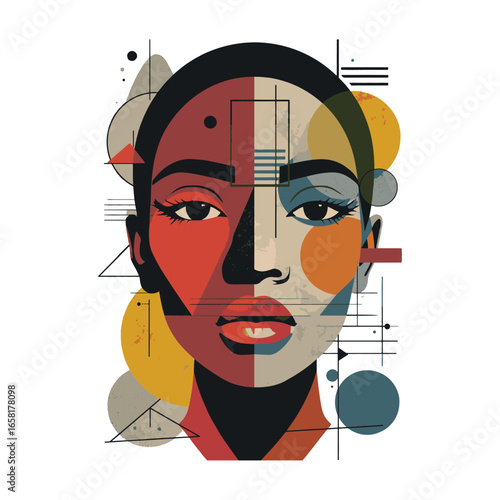 A modern abstract portrait of a woman's face created with colorful geometric shapes in a cubist style vector illustration design