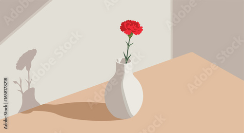 Red flower in vase casts shadow on wall in neutral minimalist aesthetic interior
