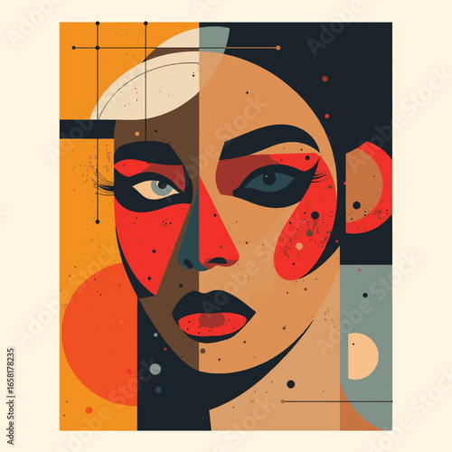 An abstract cubist-style portrait of a woman's face with bold colors and fragmented geometric shapes vector illustration design