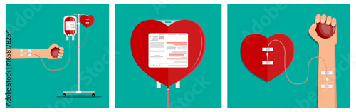 A person's arm donating blood with a heart shaped bag on an IV stand, promoting a healthy lifestyle and medical care.