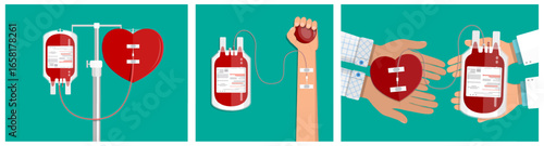 Man doing blood donation. Hands holding heart and blood bag. Medical procedure and health care concept for World Blood Donor Day.