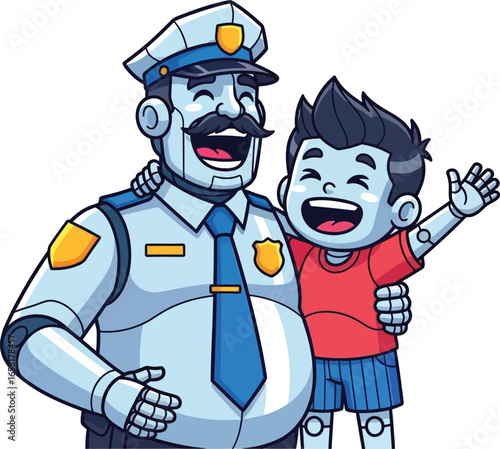 Smiling robot police officer hugs cheerful android child. Heartwarming scene of safety, trust, and emotional connection in futuristic society.