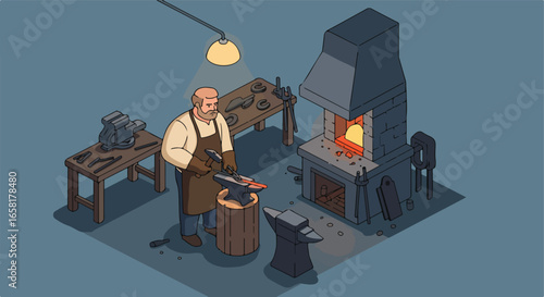 Isometric smith forging metal at anvil, oven flames glowing in workshop background
