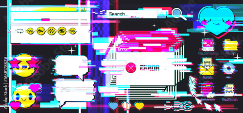 Retro internet y2k glitch interface elements with browser windows, error messages, emoticon icons and digital artifacts for web design. Nostalgic computer aesthetic with corrupted pixels, neon colors