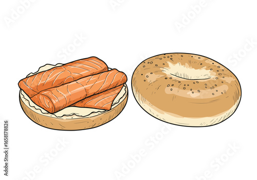 Bagel halves displaying a cream cheese and salmon topping on white background