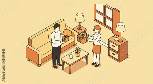 People giving presents at home, isometric style illustration