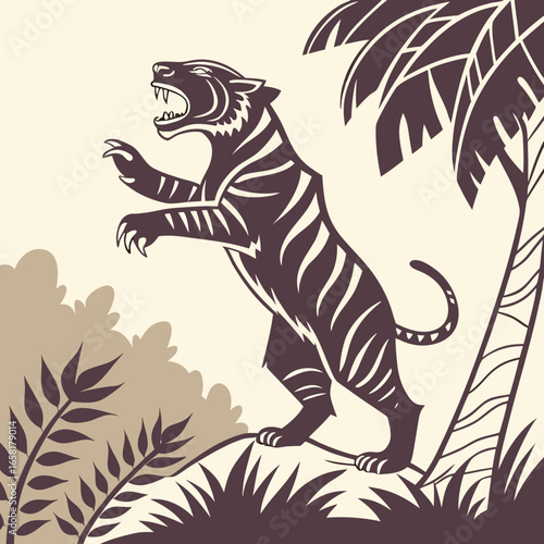 Tiger in Jungle Vintage Illustration