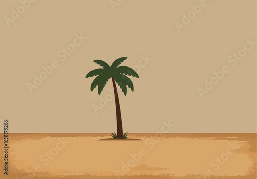 Simple lone palm stands, background tan, sandy shore, tropical, used for graphic design