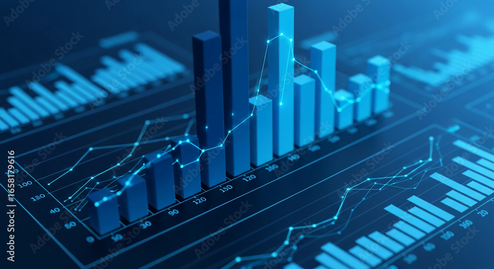 Naklejka premium 3D blue bar graph with line graph overlay, showcasing upward trend, symbolizing growth, success, and financial progress. Free space for text