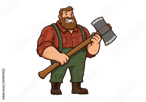 Lumberjack smiles, holding axe, in woods, for logging, camping, forestry, or woodworking