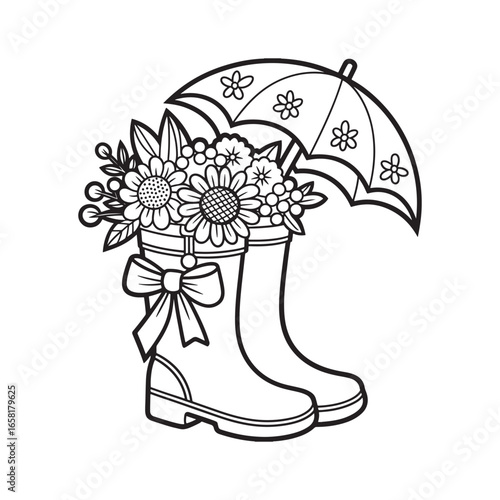 Rain boots filled with beautiful spring flowers and an umbrella. A charming coloring book page design vector illustration design