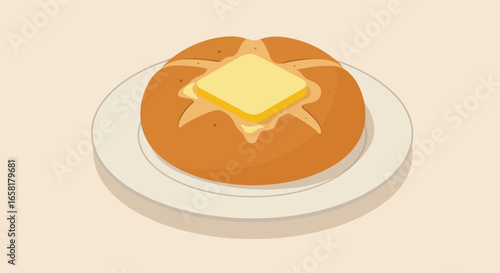 Bread with butter on a plate for breakfast with plain background, for food blog