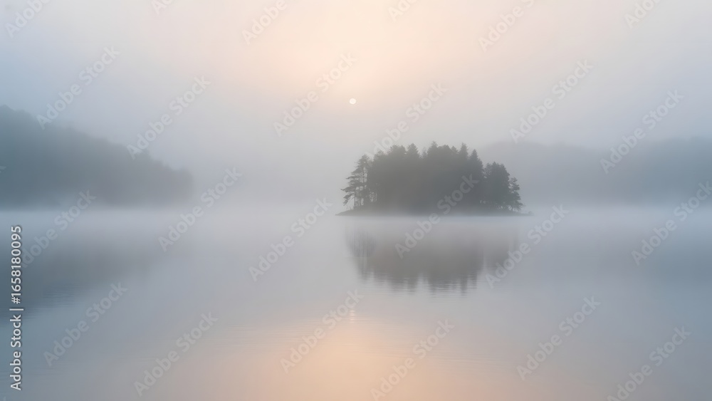 Fototapeta premium Misty Lake with Tree-Covered Island at Dawn